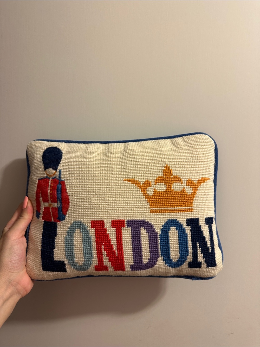 Jonathan Adler London Needlepoint Pillow in Cream, Red, Blue, Purple, Gold